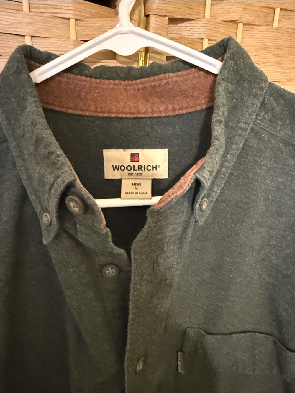 Woolrich Men's Slate Green Button-Up Shirt Jacket with Rust Trim